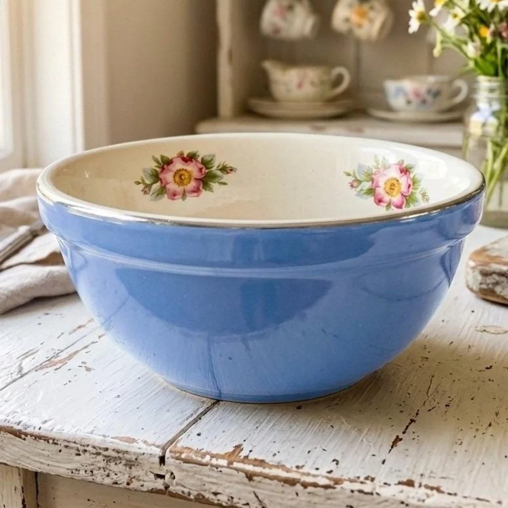 Vintage Hall China Wild Rose Bowl Cadet Blue Floral Cottage Grandma Core Shabby